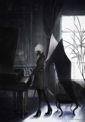 Rule 34 | 1girl, artist name, black dress, black footwear, black gloves, black thighhighs, black wings, boots, breasts, commentary request, curtains, day, dress, gloves, halo, high heel boots, high heels, highres, indoors, instrument, long sleeves, marumoru, mask, original, piano, piano bench, plant, reflection, short hair, silver hair, small breasts, solo, standing, sunlight, thigh boots, thighhighs, white wings, window, wings