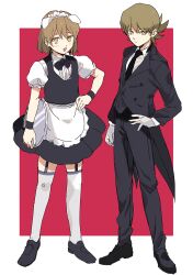 Rule 34 | 1boy, 1girl, animal ears, apron, black bow, black bowtie, black footwear, black jacket, black necktie, black pants, black skirt, black vest, bow, bowtie, butler, closed mouth, collared shirt, commentary request, dog ears, employee (project moon), flat chest, frilled apron, frilled sleeves, frills, garter straps, gloves, hand on own hip, jacket, light brown hair, lobotomy corporation, long sleeves, maid, maid apron, maid headdress, medu (rubish), necktie, open mouth, original, pants, project moon, puffy short sleeves, puffy sleeves, shirt, short hair, short sleeves, sketch, skirt, smile, thighhighs, vest, white apron, white gloves, white shirt, white thighhighs, yellow eyes
