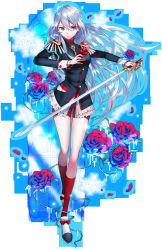 Rule 34 | 1990s (style), 1girl, alternate costume, bare legs, black jacket, blue eyes, buttons, closed mouth, cosplay, cynthia (soccer spirits), epaulettes, floating hair, flower, full body, highres, holding, holding sword, holding weapon, jacket, kneehighs, long hair, looking at viewer, petals, red socks, retro artstyle, rose, serious, shoujo kakumei utena, silver hair, snowflakes, soccer spirits, socks, solo, standing, sword, tenjou utena, tenjou utena (cosplay), thighs, tooaya, unsheathed, very long hair, weapon, wind