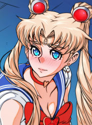 Rule 34 | 1girl, absurdres, apoloniodraws, bishoujo senshi sailor moon, blonde hair, blue eyes, blush, bow, breasts, brooch, choker, cleavage, closed mouth, cropped, derivative work, earrings, heart, heart-shaped pupils, heart brooch, heart choker, highres, jewelry, long hair, meme, red bow, red choker, sailor moon, sailor moon redraw challenge (meme), solo, symbol-shaped pupils, tsukino usagi, twintails