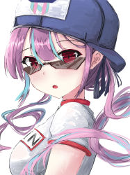 Rule 34 | 1girl, absurdres, baseball cap, blue hair, blue hat, blush, breasts, female focus, hair between eyes, hat, highres, hololive, looking at viewer, looking over eyewear, looking over glasses, medium breasts, minato aqua, multicolored hair, open mouth, purple hair, red eyes, ribbon, shirt, short sleeves, solo, streaked bangs, streaked hair, sunglasses, tagme, tazrn1, tinted eyewear, twintails, two-tone hair, virtual youtuber, white shirt