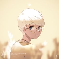 Rule 34 | 1boy, aurahack, blue eyes, blurry, depth of field, eyebrows, from behind, frown, glasses, looking back, male focus, original, signature, solo, sweater, upper body, watermark, web address, white hair