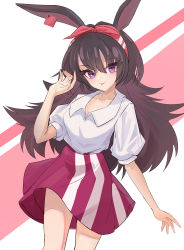 Rule 34 | 1girl, absurdres, alternate costume, animal ears, april (arknights), arknights, blush, breasts, brown hair, closed mouth, commentary request, cowboy shot, dress, hand up, highres, long hair, long sleeves, looking at viewer, medium breasts, pink background, purple eyes, rabbit ears, shino duka, shirt, short sleeves, smile, solo, tongue, tongue out, two-tone background, very long hair, white background, white shirt