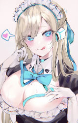 Rule 34 | 1girl, :q, absurdres, asuna (blue archive), black dress, blonde hair, blue archive, blue bow, blue bowtie, blue eyes, blush, bow, bowtie, breasts, cleavage, dress, gloves, hand up, heart, heart-shaped pupils, highres, large breasts, looking at viewer, maid, maid headdress, mile (off8mile), mole, mole on breast, puffy short sleeves, puffy sleeves, short sleeves, smile, solo, spoken heart, symbol-shaped pupils, tongue, tongue out, white gloves
