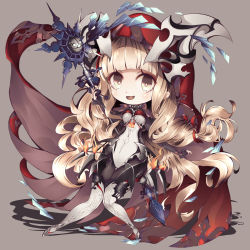 Rule 34 | 1girl, bad id, bad pixiv id, blonde hair, blush, boots, capelet, chibi, cloak, hair ribbon, happy, headdress, highres, holding, holding weapon, hood, hood up, open mouth, orange eyes, pantyhose, red riding hood (sinoalice), ribbon, sinoalice, solo, staff, wavy mouth, weapon, white footwear, xxviii xi, yellow eyes