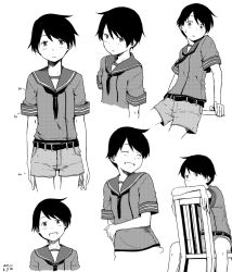 Rule 34 | 10s, 1girl, androgynous, belt, chair, expressionless, closed eyes, kantai collection, kawashina (momen silicon), looking at viewer, md5 mismatch, mogami (kancolle), monochrome, multiple views, open mouth, personification, resized, sailor collar, short hair, shorts, sitting, sketch, smile, sweat