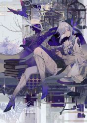 Rule 34 | ascot, bird, birdcage, black skirt, bob cut, book, boots, branch, brooch, cage, chaise longue, closed mouth, cup, earrings, egasumi, fern, garter straps, headdress, high heels, highres, holding, holding book, jewelry, knee boots, long sleeves, onmyoji, plant, red eyes, short hair, sitting, skirt, sparkle, suspender skirt, suspenders, table, teacup, teapot, thighhighs, white hair, youamo