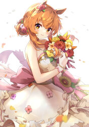Rule 34 | 1girl, animal ears, bare shoulders, blush, bouquet, bow, breasts, brown eyes, brown hair, closed mouth, commentary request, dress, flower, gloves, hair between eyes, hair flower, hair ornament, highres, holding, holding bouquet, horse ears, horse girl, horse tail, looking at viewer, mayano top gun (sunlight bouquet) (umamusume), mayano top gun (umamusume), meyamu, pink bow, red flower, red rose, rose, simple background, small breasts, smile, solo, strapless, strapless dress, tail, umamusume, white background, white dress, white flower, white gloves, yellow flower