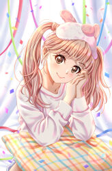Rule 34 | 1girl, animification, blush, brown eyes, brown hair, chinese commentary, closed mouth, collarbone, confetti, hair behind ear, hand on own cheek, hand on own face, head tilt, highres, izone, k-pop, long sleeves, looking at viewer, mask, mask on head, mixed-language commentary, own hands together, pillow, pink sweater, real life, sleep mask, smile, solo, streamers, sweater, twintails, yabuki nako, yohane yoshiko