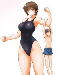 Rule 34 | 1boy, 1girl, black hair, black one-piece swimsuit, blue male swimwear, blue swim trunks, breasts, brown eyes, brown hair, covered navel, flexing, giant, giantess, holding up, large breasts, male swimwear, mini person, miniboy, one-piece swimsuit, original, panah, picking up, school swimsuit, short hair, simple background, size difference, swim trunks, swimsuit, thighs, white background
