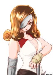 Rule 34 | 1girl, bare shoulders, beatrix, belt, black belt, breasts, brown eyes, brown hair, cleavage, closed mouth, collared shirt, commentary, drill hair, elbow gloves, eyepatch, final fantasy, final fantasy ix, frown, gauntlets, gloves, holding, holding sword, holding weapon, lips, long hair, looking at viewer, medium breasts, medium hair, save the queen, shirt, simple background, sleeveless, sleeveless shirt, solo, standing, sword, twitter username, umxzo, upper body, weapon, white background, white shirt