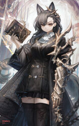 Rule 34 | 1girl, absurdres, animal ears, arknights, ascot, black coat, black skirt, black thighhighs, book, breasts, brown eyes, brown hair, chain, coat, cowboy shot, extra ears, franlol, gauntlets, highres, holding, holding book, layered sleeves, long hair, long sleeves, looking at viewer, medium breasts, mole, mole above mouth, off shoulder, open clothes, open coat, penance (arknights), single gauntlet, skirt, solo, thighhighs, v-shaped eyebrows, very long hair, white ascot, wolf ears, wolf girl