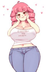 Rule 34 | blush, breasts, brown eyes, cleavage, closed mouth, clothes writing, cowboy shot, denim, drill hair, english text, hands on own cheeks, hands on own face, heart, huge breasts, jeans, katawa shoujo, looking at viewer, midriff, mikado shiina, navel, pants, pink hair, rtil, shirt, smile, white background, white shirt, wide hips