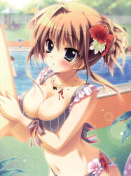 Rule 34 | 1girl, :o, absurdres, ahoge, arm grab, bikini, blue eyes, blurry, blush, body blush, breasts, brown hair, cleavage, collarbone, depth of field, flower, flying sweatdrops, frilled bikini, frills, front-tie top, hair bun, hair flower, hair ornament, hibiscus, highres, izumi tsubasu, jewelry, kimi to issho ni, large breasts, lens flare, long hair, looking at viewer, midriff, nakajima mizuho, navel, necklace, outdoors, pool, shiny skin, single hair bun, solo focus, standing, striped bikini, striped clothes, swimsuit, vertical stripes, water