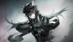 Rule 34 | 1girl, aiming, aiming at viewer, arknights, artist request, black gloves, black hat, black jacket, bow (weapon), cabbie hat, closed mouth, crossbow, debris, earpiece, ears through headwear, floating hair, game cg, gloves, hair between eyes, hat, jacket, long hair, long sleeves, looking at viewer, motion blur, official art, schwarz (arknights), schwarz (skyline) (arknights), serious, silver hair, solo, tactical clothes, third-party source, upper body, v-shaped eyebrows, weapon, yellow eyes