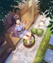 Rule 34 | 1girl, :d, animal, black hair, blue eyes, blue kimono, breasts, butterfly net, cat, day, food, fruit, grey hat, hairband, hand net, hat, holding, holding food, japanese clothes, kimono, long sleeves, looking at viewer, medium breasts, mini hat, nagu, obi, open mouth, original, outdoors, pinwheel hair ornament, popsicle, round teeth, sash, short hair, short kimono, sitting, sleeves past wrists, smile, soaking feet, solo, standing, teeth, upper teeth only, veranda, water, watermelon, white hairband, wide sleeves