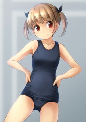 Rule 34 | 1girl, armpits, bare arms, bare shoulders, black one-piece swimsuit, black ribbon, blush, brown hair, closed mouth, collarbone, commentary request, grey background, hair ribbon, hands on own hips, head tilt, highres, old school swimsuit, one-piece swimsuit, original, red eyes, ribbon, school swimsuit, shibacha, sidelocks, smile, solo, swimsuit, twintails