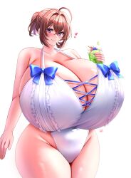 Rule 34 | 1girl, blue ribbon, blush, breasts, brown hair, character request, cleavage, curvy, dessert, doinaka, dot nose, female focus, food, gigantic breasts, head tilt, heart, highres, holding, holding food, ice cream, legs, leotard, medium hair, purple eyes, ribbon, shiny skin, short ponytail, skindentation, smile, solo, thick thighs, thighs, white background, white leotard, wide hips