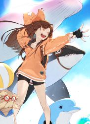 Rule 34 | 1girl, akisa yositake, backpack, bag, bike shorts, black gloves, black shorts, boots, brown eyes, brown hair, brown shirt, dolphin, fingerless gloves, gloves, guilty gear, hat, highres, long hair, may (guilty gear), open mouth, orca, shirt, shorts, smile, solo, whale