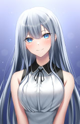 Rule 34 | 1girl, alternate costume, black ribbon, blue eyes, blue hair, blush, breasts, closed mouth, enmaided, highres, large breasts, light blue hair, long hair, looking at viewer, maid, naga (pixiv70891418), neck ribbon, original, ribbon, silver hair, simple background, smile, solo, upper body