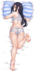 Rule 34 | 1girl, asashio (kancolle), ass, bare arms, bare legs, bare shoulders, barefoot, black hair, blue eyes, blush, bra, cameltoe, dd (ijigendd), feet, from above, from behind, full body, highres, kantai collection, long hair, looking at viewer, looking back, lying, hugging object, on bed, on stomach, panties, pillow, pillow grab, pillow hug, soles, solo, underwear, underwear only