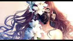 Rule 34 | 1girl, bad id, bad pixiv id, bare shoulders, brown hair, emaema, face, floating hair, flower, gas mask, green eyes, hair over one eye, letterboxed, lily (flower), long hair, mask, original, respirator, solo, wavy hair