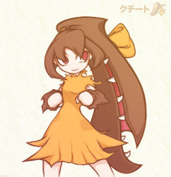 Rule 34 | 1girl, brown hair, character name, costume, creatures (company), dress, extra mouth, game freak, gen 3 pokemon, mawile, nintendo, personification, pokemon, red eyes, ribbon, simple background, smile, solo, white background