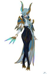 Rule 34 | 1girl, absurdres, alternate costume, animal ears, armor, artist name, black pantyhose, black thighhighs, braid, cape, dated, full body, grey hair, hair over one eye, hair over shoulder, highres, holding, holding weapon, league of legends, long hair, looking at viewer, nail polish, pantyhose, ponytail, red lips, shoulder plates, simple background, solo, standing, thighhighs, weapon, white cape, xayah, yaowang