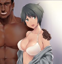 Rule 34 | 1boy, 1girl, alternate breast size, arm around shoulder, bare shoulders, black hair, blush, bra, breasts, cleavage, collarbone, dark-skinned male, dark skin, green eyes, grey jacket, grin, highres, jacket, kantai collection, large breasts, long sleeves, looking at viewer, macho admiral (wa (genryusui)), manly, mogami (kancolle), off shoulder, open clothes, open jacket, open mouth, short hair, smile, swept bangs, underwear, wa (genryusui)