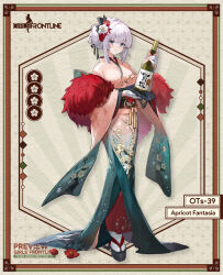 Rule 34 | 1girl, alcohol, aqua kimono, black sash, blue eyes, blush, border, bottle, breasts, character name, closed mouth, commentary, copyright name, english commentary, feather boa, feathers, floral print, floral print kimono, flower, flower request, full body, girls&#039; frontline, gloves, gradient kimono, hair flower, hair ornament, hair up, half gloves, highres, holding, holding bottle, japanese clothes, kimono, large breasts, light smile, looking at viewer, obi, official alternate costume, official art, okobo, ots-39 (apricot fantasia) (girls&#039; frontline), ots-39 (girls&#039; frontline), pink kimono, print kimono, red feathers, red flower, sake bottle, sandals, sash, second-party source, sidelocks, socks, solo, standing, tabi, white flower, white gloves, white hair, white socks, wumumu