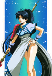 Rule 34 | 1980s (style), 1girl, armor, bad id, bad pixiv id, black hair, blue background, blue eyes, blue panties, border, dress, hand on own hip, hikaru (mikan0407), jessica (langrisser), langrisser, langrisser ii, light particles, light rays, long hair, oldschool, open mouth, panties, ponytail, retro artstyle, shoulder armor, side slit, solo, sparks, standing, underwear, very long hair, white border, white dress