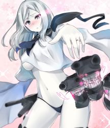 Rule 34 | 10s, 1girl, abyssal ship, aqua eyes, bad id, bad pixiv id, blush, breast slip, breasts, colored skin, female focus, gradient background, heart, jewelry, kantai collection, large breasts, long hair, looking at viewer, navel, navy (navy.blue), no bra, one breast out, pale skin, parted lips, ring, solo, ta-class battleship, thighhighs, underboob, underwear, wedding band, wedding ring, white hair, white skin, wind, wind lift