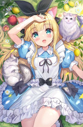 Rule 34 | 1girl, :3, akabane (zebrasmise), animal, animal ear fluff, animal ears, apron, arm up, black bow, blonde hair, blue dress, blue eyes, blush, bow, cat, cat ears, cat girl, cat tail, collared dress, commentary request, dress, fang, flower, food, frilled dress, frills, fruit, hair bow, highres, long hair, looking at viewer, lying, mononobe alice, mononobe alice (1st costume), nijisanji, on back, open mouth, outdoors, puffy short sleeves, puffy sleeves, ribbon, shoes, short sleeves, smile, tail, very long hair, virtual youtuber