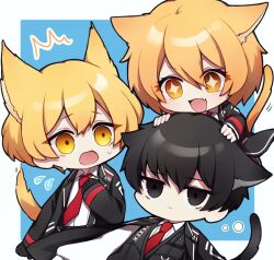 Rule 34 | 1girl, 2boys, animal ears, black coat, black eyes, black gloves, black hair, black vest, blonde hair, cat boy, cat ears, cat girl, cat tail, chibi, closed mouth, coat, collared shirt, don quixote (project moon), expressionless, gloves, limbus company, mikoto0x0, multiple boys, necktie, open mouth, project moon, red necktie, shirt, sinclair (project moon), sweat, tail, vest, white shirt, yellow eyes, yi sang (project moon)