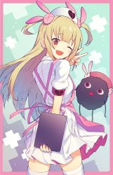 Rule 34 | 1girl, :d, apron, blonde hair, border, closed mouth, cowboy shot, dress, fang, fingernails, from behind, hand up, hat, heart, highres, holding, kotoribako, long hair, looking at viewer, looking back, nail polish, natori sana, nurse cap, one eye closed, open mouth, pink apron, pink border, red eyes, red nails, saana-kun, sana channel, short dress, skin fang, smile, solo, standing, thighhighs, two side up, v, virtual youtuber, white dress, white thighhighs