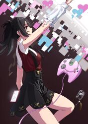 Rule 34 | 1girl, absurdres, ame-chan (needy girl overdose), arm up, black eyes, black hair, black ribbon, black skirt, breasts, chouzetsusaikawa tenshi-chan, cigarette, collar, collared shirt, commission, controller, from side, game controller, glowing, hair ornament, heart, henshin, highres, long hair, medium breasts, neck ribbon, needy girl overdose, open mouth, pill bottle, red shirt, ribbon, shinsata mei, shirt, shirt tucked in, skeb commission, skirt, smoke, solo, standing, suspender skirt, suspenders, twintails, white collar, x hair ornament