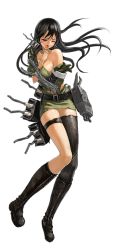 Rule 34 | 10s, 1girl, belt, between breasts, black eyes, black footwear, black hair, black thighhighs, bob (biyonbiyon), boots, breasts, chikuma (kancolle), cleavage, collarbone, cross-laced footwear, damaged, dress, full body, kantai collection, knee boots, lace-up boots, long hair, medium breasts, no bra, official art, one eye closed, short sleeves, single thighhigh, solo, thigh strap, thighhighs, torn clothes, torn dress, transparent background, zettai ryouiki
