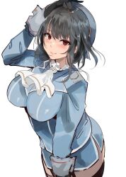 Rule 34 | 1girl, absurdres, ascot, beret, black gloves, black hair, blue hat, blue jacket, blue skirt, breasts, endou (zettai bluenoid), garter straps, gloves, hat, highres, jacket, kantai collection, large breasts, looking at viewer, military, military uniform, miniskirt, red eyes, short hair, simple background, skirt, solo, takao (kancolle), uniform, white ascot, white background