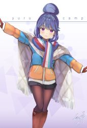 Rule 34 | 1girl, black skirt, blue hair, blue jacket, boots, brown footwear, brown gloves, brown pantyhose, closed mouth, copyright name, dated, fringe trim, gloves, hair bun, highres, jacket, knee boots, long sleeves, looking at viewer, outstretched arms, pantyhose, pixiv id, pleated skirt, purple eyes, scarf, shima rin, sidelocks, signature, single hair bun, skirt, smile, solo, teratsuki, yurucamp