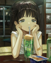 Rule 34 | 1girl, absurdres, bandaid, bandaid on arm, black hair, child, cup, drinking, drinking glass, drinking straw, female focus, head rest, highres, indoors, original, restaurant, sero3eta, solo, spoon, two side up