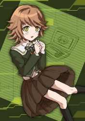 Rule 34 | 1boy, absurdres, alter ego (danganronpa), black ribbon, blush, brown hair, computer, danganronpa: trigger happy havoc, danganronpa (series), feet out of frame, fujisaki chihiro, green background, green jacket, hands up, highres, jacket, kneehighs, laptop, male focus, neck ribbon, open mouth, own hands together, pleated skirt, ribbon, sailor collar, shan ji jing wu (sngktry), short hair, skirt, smile, socks, solo, striped, striped background, teeth, trap, upper teeth only, white sailor collar