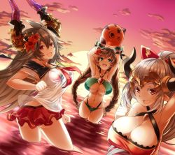 Rule 34 | 3girls, :d, aliza (granblue fantasy), arm up, armpits, arms up, backlighting, ball, beachball, bikini, bikini skirt, bracelet, braid, breasts, brown hair, carmelina (granblue fantasy), cleavage, colored eyelashes, contrapposto, covered erect nipples, cowboy shot, draph, flower, gene (gear gene), granblue fantasy, green bikini, green eyes, grey hair, hair flower, hair ornament, halterneck, highres, horns, jewelry, large breasts, long hair, looking at viewer, multiple girls, navel, ocean, off-shoulder shirt, off shoulder, open mouth, outdoors, pointy ears, ponytail, red bikini, red eyes, sailor collar, sailor shirt, see-through, shirt, side-tie bikini bottom, smile, standing, sunset, swimsuit, threo (eternal&#039;s summer vacation) (granblue fantasy), threo (granblue fantasy), twilight, twin braids, twisted torso, very long hair, wading