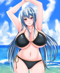 Rule 34 | 1girl, armpits, arms up, blush, breasts, cleavage, curvy, highres, huge breasts, long hair, looking at viewer, mariatoteresa, navel, red eyes, selvaria bles, senjou no valkyria (series), senjou no valkyria 1, silver hair, smile, solo, standing, swimsuit, wide hips