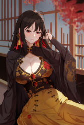 Rule 34 | 1girl, absurdres, ahoge, black coat, black dress, black hair, breasts, china dress, chinese clothes, chinese knot, cleavage, closed mouth, coat, colored inner hair, commentary, cowboy shot, dress, earrings, floral print, glint, goddess of victory: nikke, hair between eyes, hand up, highres, indoors, jewelry, large breasts, long hair, long sleeves, looking at viewer, moran (nikke), multicolored hair, red eyes, red hair, sidelocks, sitting, solo, tassel, tassel earrings, two-tone dress, two-tone hair, yellow dress, zing (zingart)