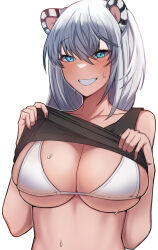 Rule 34 | 1girl, absurdres, animal ears, bikini, bikini under clothes, black tank top, blue eyes, blush, breasts, catch (tkjv4228), cleavage, clothes lift, collarbone, fingernails, grin, hair between eyes, hands up, highres, hoyoung (maplestory), korean commentary, large breasts, lifting own clothes, looking at viewer, maplestory, medium hair, midriff, shirt lift, simple background, skindentation, smile, solo, sweat, swimsuit, tank top, teeth, tiger ears, tiger girl, underboob, upper body, white background, white bikini, white hair
