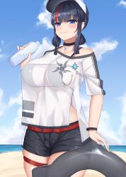 Rule 34 | 1girl, absurdres, bare shoulders, baseball cap, beach, bikini, bikini under clothes, black bikini, black hair, black shorts, blue eyes, blue sky, blush, bottle, breasts, choker, collarbone, fate/grand order, fate (series), hat, highres, innertube, large breasts, looking at viewer, low twintails, medium hair, multicolored hair, off-shoulder shirt, off shoulder, pink hair, see-through, sharen, shirt, short shorts, short sleeves, short twintails, shorts, sidelocks, sky, smile, solo, streaked hair, swim ring, swimsuit, thigh strap, thighs, twintails, utsumi erice, utsumi erice (swimsuit avenger), utsumi erice (swimsuit avenger) (first ascension), water bottle, white hat, white shirt