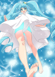 Rule 34 | 10s, 1girl, :d, barefoot, blue eyes, blue hair, blush, bow, censored, cloak, convenient censoring, crown, cure princess, earrings, feet, glowing, hair bow, happinesscharge precure!, heart, henshin, jewelry, long hair, matching hair/eyes, misu kasumi, no panties, open mouth, precure, shirayuki hime, smile, solo, sparkle, star (symbol), toes, transformation, very long hair