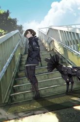 Rule 34 | 1boy, bridge, brown hair, cloud, cloudy sky, commentary request, cyberpunk, dappled sunlight, day, dog, hair over one eye, hands in pockets, highres, hood, hoodie, mechanization, morion airlines, original, pet cone, short hair, sky, stairs, sunlight, tactile paving