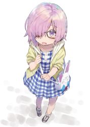 Rule 34 | 1girl, aged down, bag, checkered clothes, checkered dress, dress, fate/grand order, fate (series), fou (fate), glasses, hair over one eye, highres, jacket, light purple hair, mash kyrielight, mash kyrielight (senpai killer outfit), official alternate costume, purple eyes, shirabi, solo