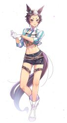 Rule 34 | 1girl, animal ears, belt, black shorts, blue eyes, blue neckerchief, blush, boots, breasts, brown shirt, collared shirt, cropped jacket, ear ornament, ear piercing, full body, gloves, hands up, highres, horse ears, horse girl, horse tail, jacket, looking at viewer, medium breasts, mejiro ryan (umamusume), midriff, multicolored hair, navel, neckerchief, open clothes, open jacket, open mouth, piercing, pmoufu, shirt, short hair, short shorts, shorts, solo, standing, streaked hair, tail, thigh belt, thigh strap, tied shirt, umamusume, white background, white footwear, white gloves, white hair, white shirt